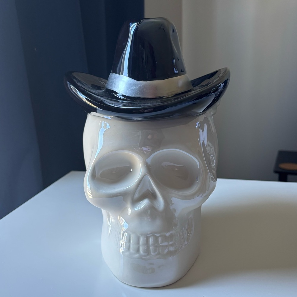 Skull Cowboy Hat Halloween or Maybe Any-ween Cookie Candy Jar